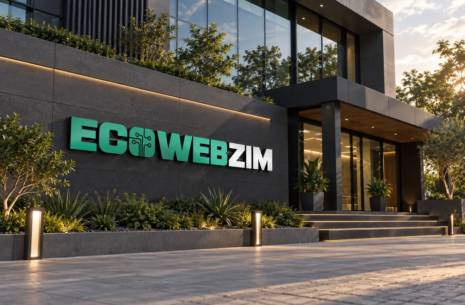 Ecowebzim brand signage outside a modern office