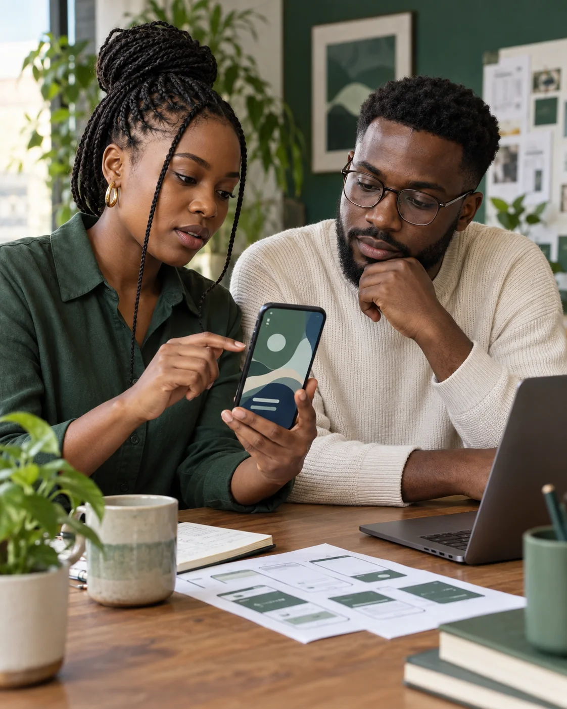 Two mobile product specialists reviewing an app together
