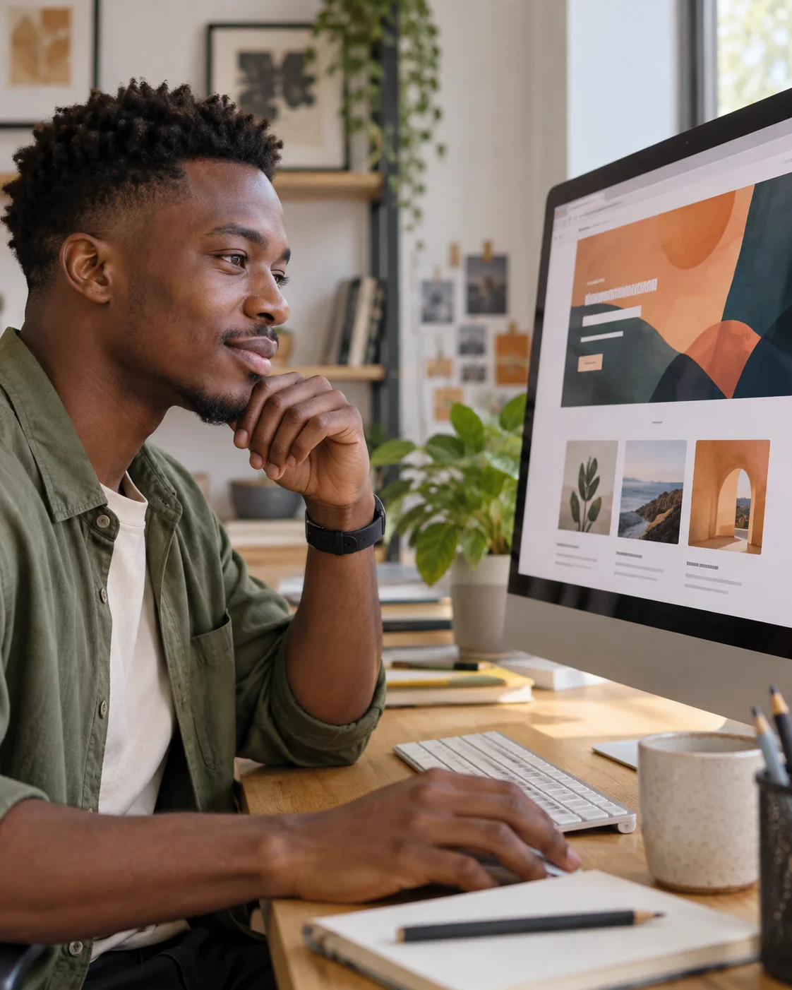 A web designer reviewing a website on a desktop monitor